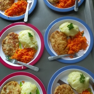 kotlet drobiowy, ziemniaki, surówka